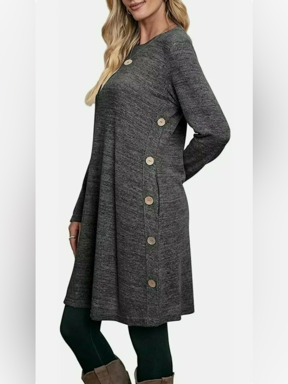 OFEEFAN Grey Knit Tunic Dress Long Sleeve Side Buttons Pockets Size XL
